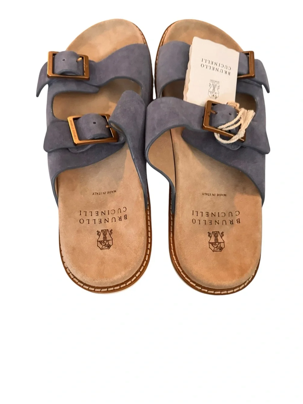 Brunello Cucinelli Suede Double-Buckle Slides in Dusty Blue